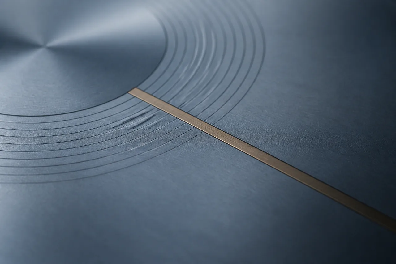 Macro view of a cool grey-blue anodised metal plate with fine machined concentric grooves, crossed by a single narrow brass coloured inlay strip.